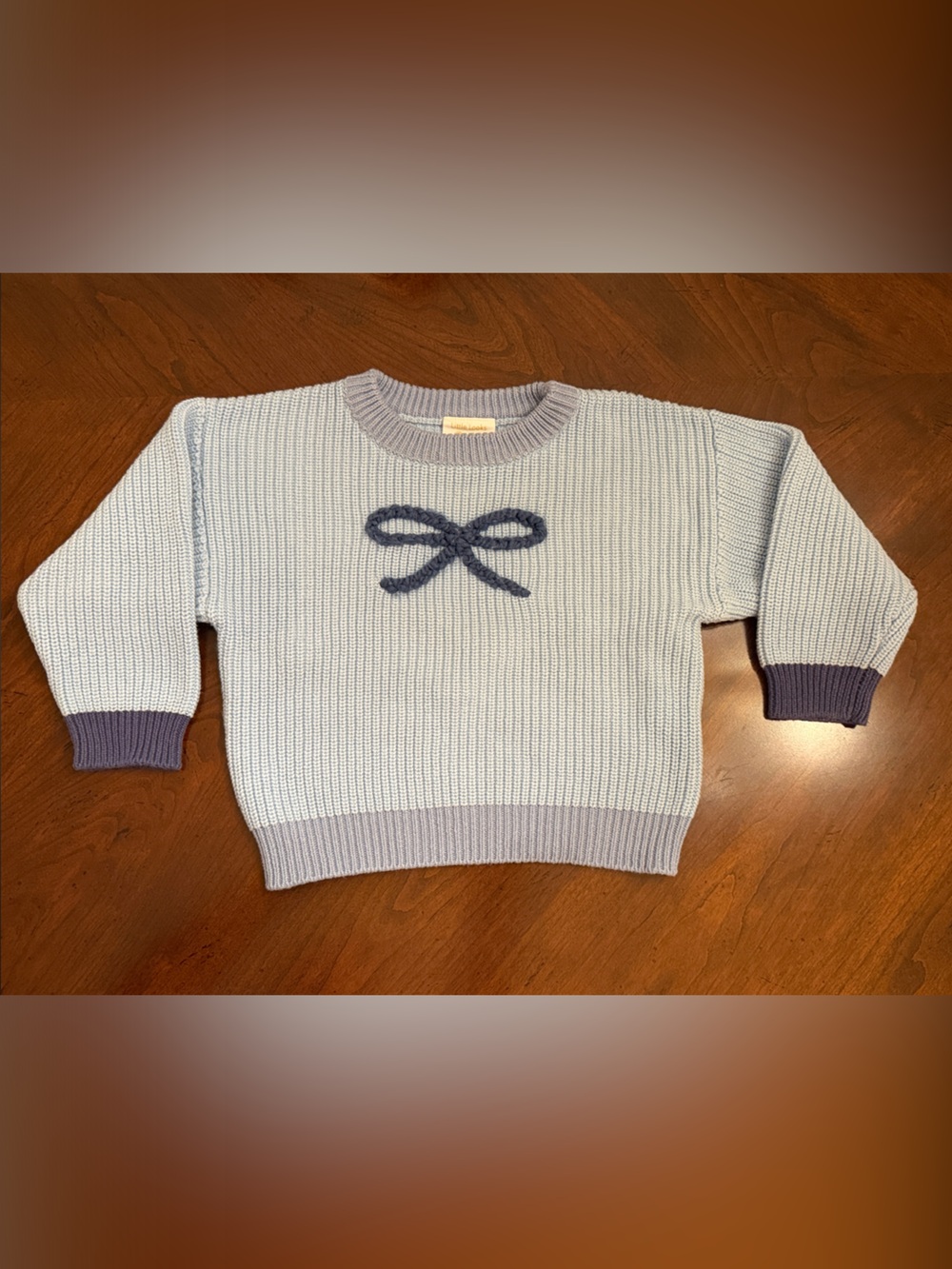 Light Blue Knit Kids Sweater Navy Bow Embroidered Accent Custom OOAK